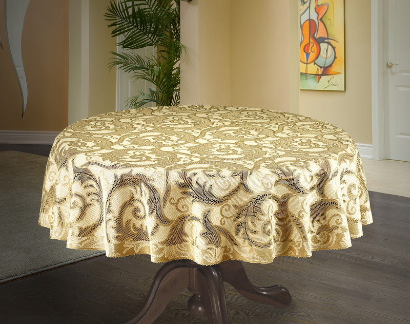 Покривка за маса дантела, кръгла Ф 150 см, Бежов/Златист