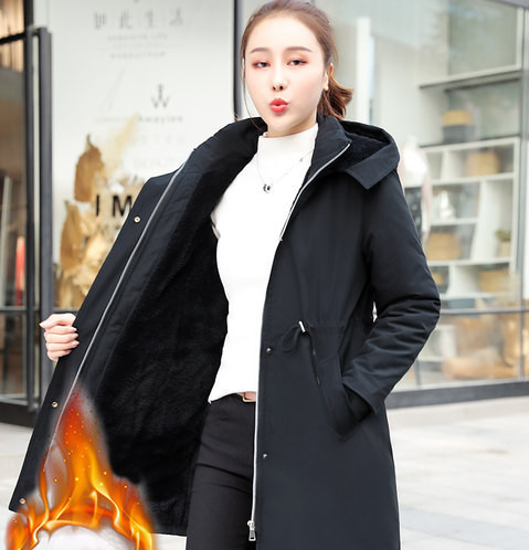 Új modell női téli kabát kapucnival és meleg béléssel