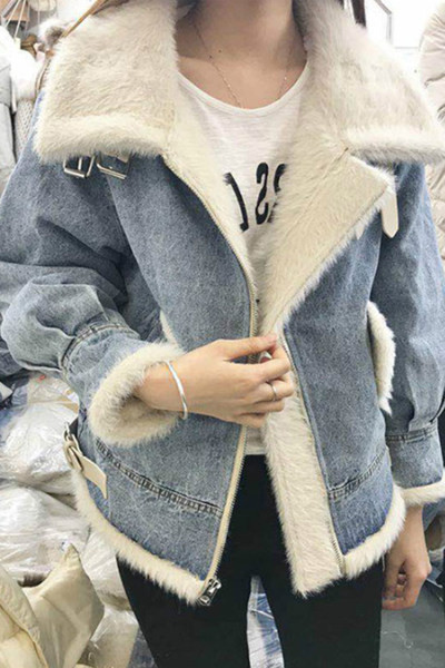 Jachetă de denim de damă cu căptușeală groasă de catifea și cataramă metalică