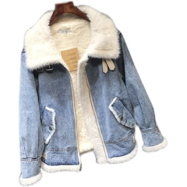 Jachetă de denim de damă cu căptușeală groasă de catifea și cataramă metalică