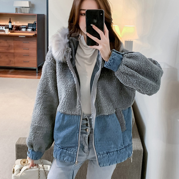 Jachetă de damă din denim cu căptușeală caldă și inscripție pe spate