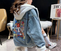 Geaca de dama din denim cu gluga si aplicatie colorata pe spate