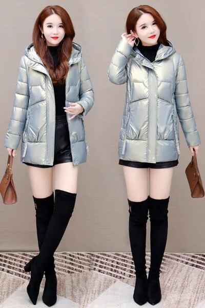 Női testreszabott fényes kabát kapucnival