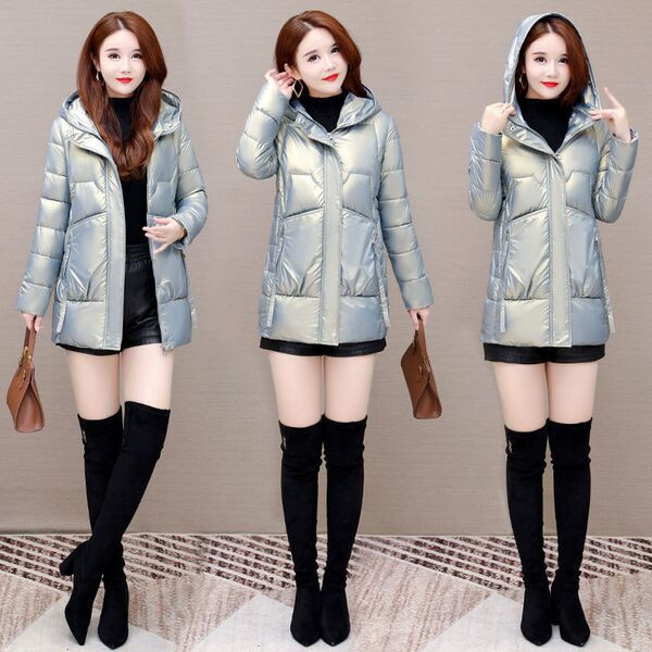 Női testreszabott fényes kabát kapucnival