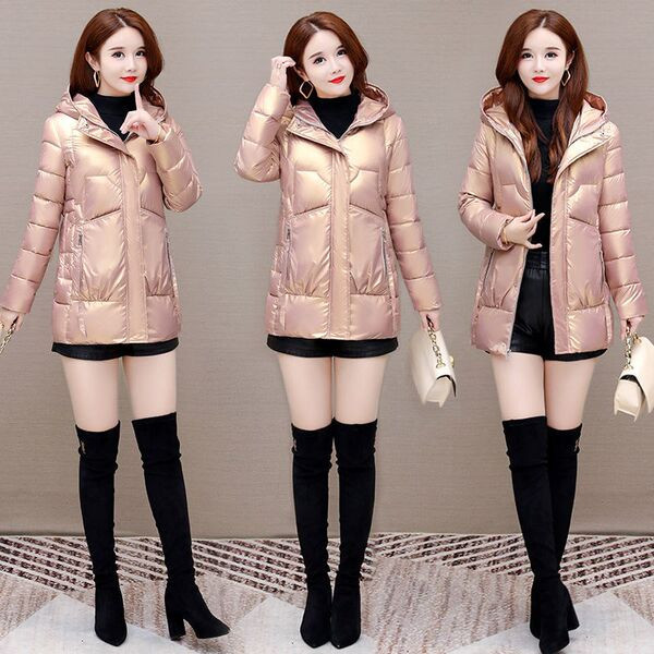 Női testreszabott fényes kabát kapucnival