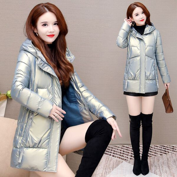 Női testreszabott fényes kabát kapucnival