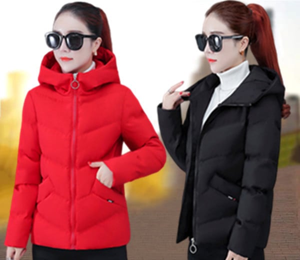 Női alkalmi kabát sima modell kapucnival és zsebbel