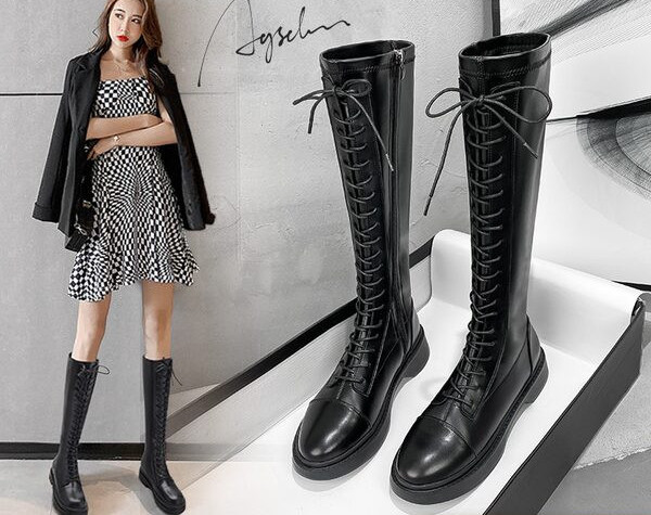 Висока дамски ботуши от изкуствена кожа с връзки