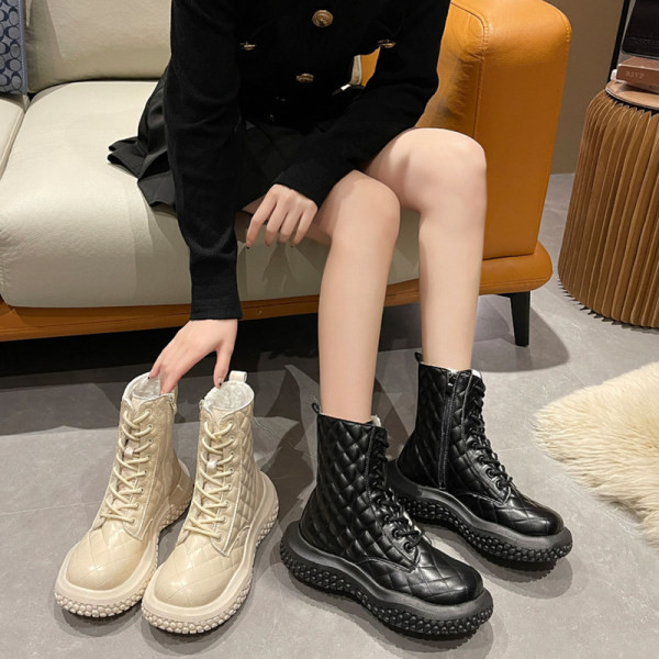 Дамски боти с груба подметка връзки и цип