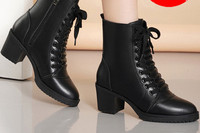 Női őszi-téli csizma vastag, négyzet alakú sarokkal és fűzővel