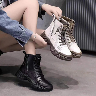 Női alkalmi csizma fűzővel és cipzárral, öko bőrből