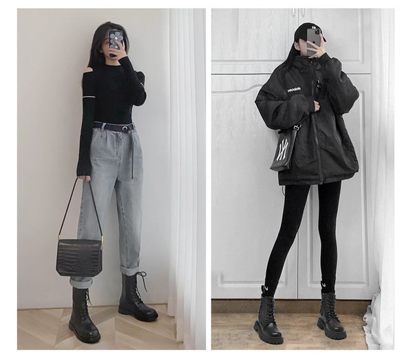 Fekete női bőrcsizma lánccal