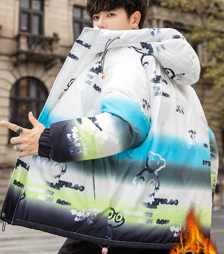 Bear fun printing sule polsterdatud jakk meeste talvine gradient värvi jope vati polsterdatud jope üliõpilane ilus kapuutsiga trend polsterdatud jope