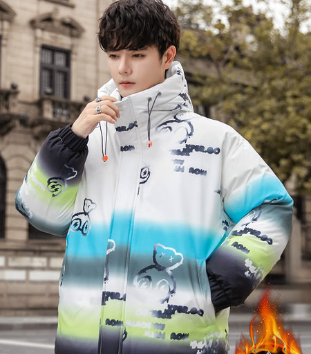 Bear fun printing sule polsterdatud jakk meeste talvine gradient värvi jope vati polsterdatud jope üliõpilane ilus kapuutsiga trend polsterdatud jope