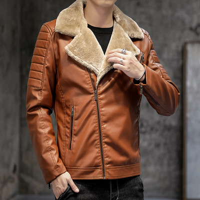 Modern férfi műbőr kabát meleg béléssel