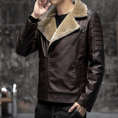 Modern férfi műbőr kabát meleg béléssel