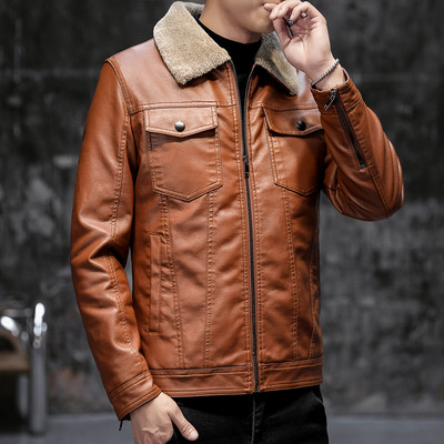 Modern férfi bőrdzseki pehely és cipzárral