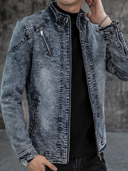 Ανδρικό τζιν μπουφάν με φερμουάρ και χαμηλό γιακά