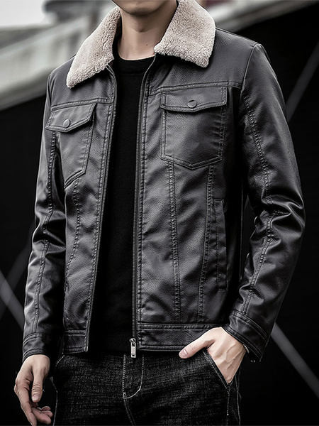 Aktuális férfi bőrdzseki pehelycipzárral és gombokkal