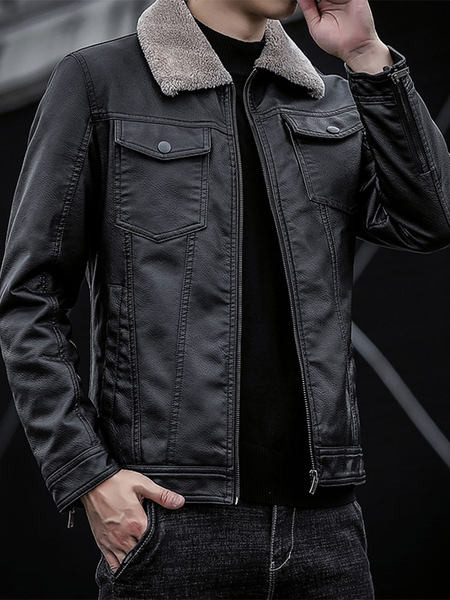 Aktuális férfi bőrdzseki pehelycipzárral és gombokkal