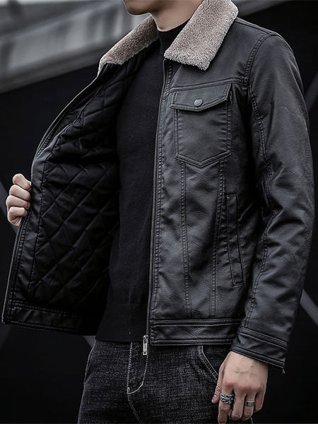 Aktuális férfi bőrdzseki pehelycipzárral és gombokkal