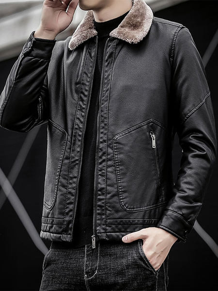 Modern férfi bőrkabát tollas gallérral