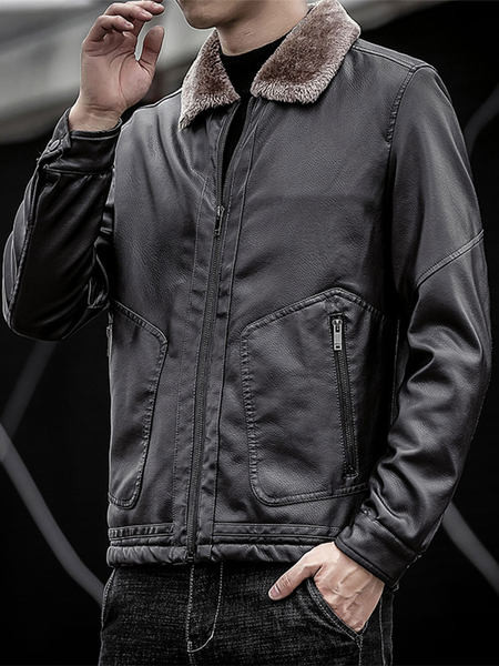 Modern férfi bőrkabát tollas gallérral