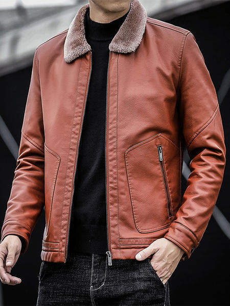 Modern férfi bőrkabát tollas gallérral