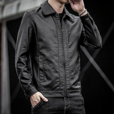 Férfi tavaszi kabát műbőrből, klasszikus gallérral