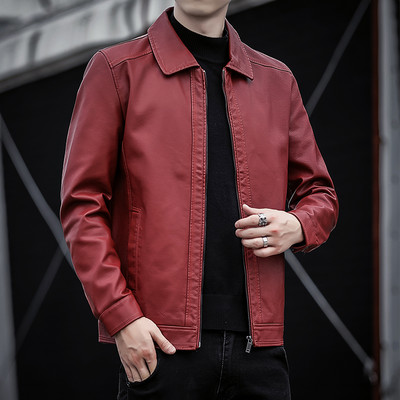 Férfi tavaszi kabát műbőrből, klasszikus gallérral