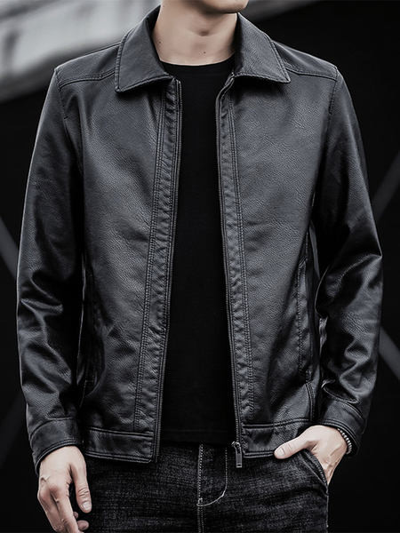 Férfi tavaszi kabát műbőrből, klasszikus gallérral