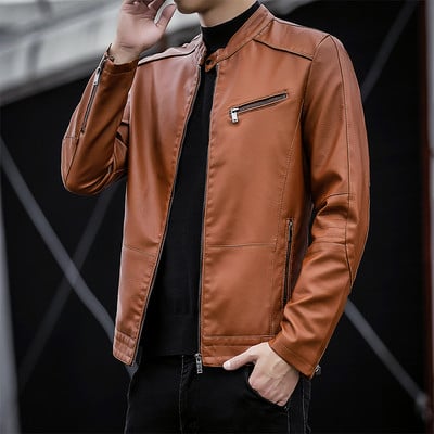 Új modell bőrdzseki zsebekkel és cipzárral férfiaknak