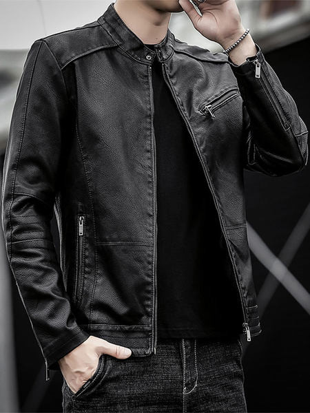 Új modell bőrdzseki zsebekkel és cipzárral férfiaknak