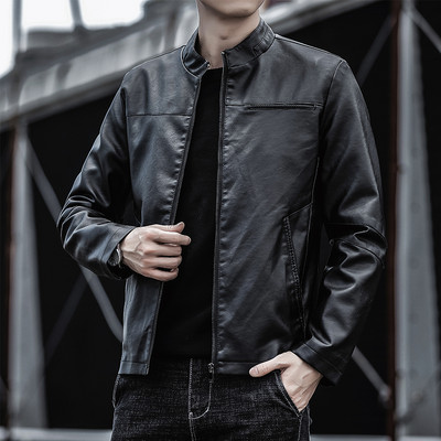 Ανδρικό έκο δερμάτινο μπουφάν με χαμηλό γιακά και φερμουάρ