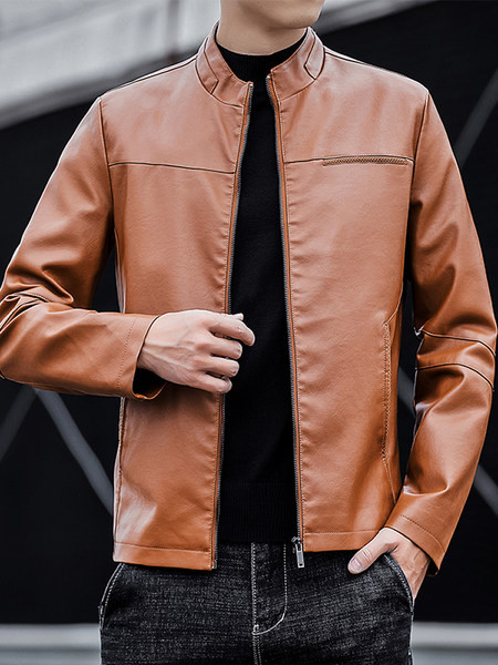 Ανδρικό έκο δερμάτινο μπουφάν με χαμηλό γιακά και φερμουάρ