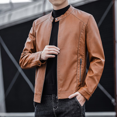 Ανδρικό έκο δερμάτινο μπουφάν με χαμηλό γιακά και φερμουάρ