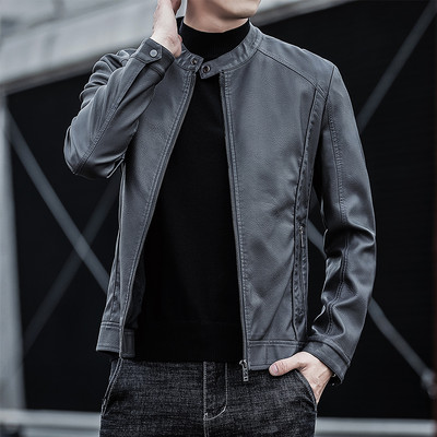 Ανδρικό έκο δερμάτινο μπουφάν με χαμηλό γιακά και φερμουάρ