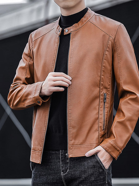 Ανδρικό έκο δερμάτινο μπουφάν με χαμηλό γιακά και φερμουάρ