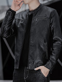 Férfi tavaszi bőrdzseki alacsony gallérral