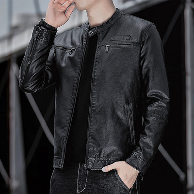 Férfi tavaszi bőrdzseki alacsony gallérral