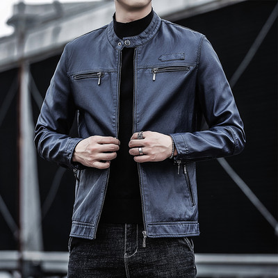 Férfi tavaszi bőrdzseki alacsony gallérral