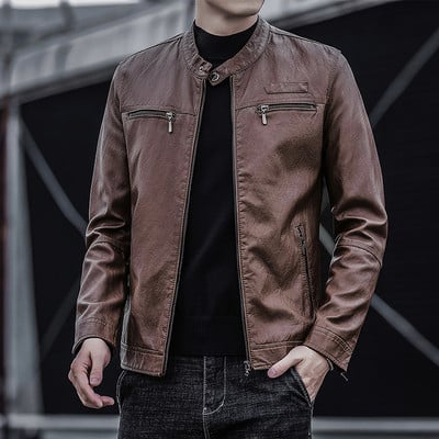 Férfi tavaszi bőrdzseki alacsony gallérral