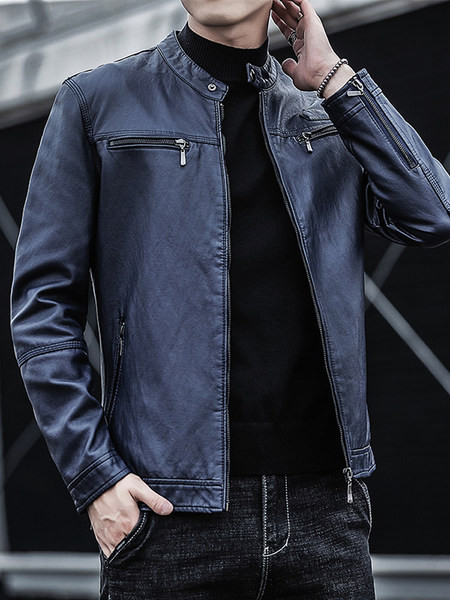 Férfi tavaszi bőrdzseki alacsony gallérral