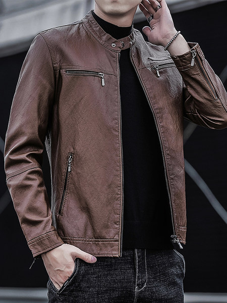 Férfi tavaszi bőrdzseki alacsony gallérral