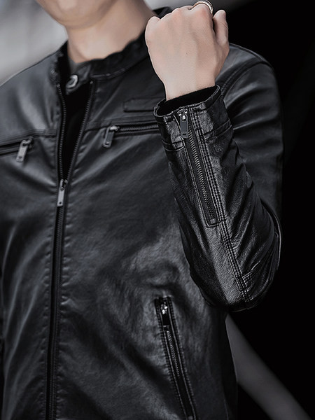 Férfi tavaszi bőrdzseki alacsony gallérral