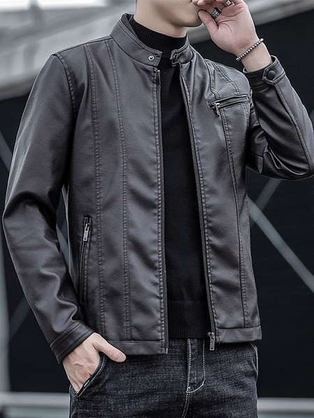 Férfi bőrdzseki alacsony gallérral és cipzárral