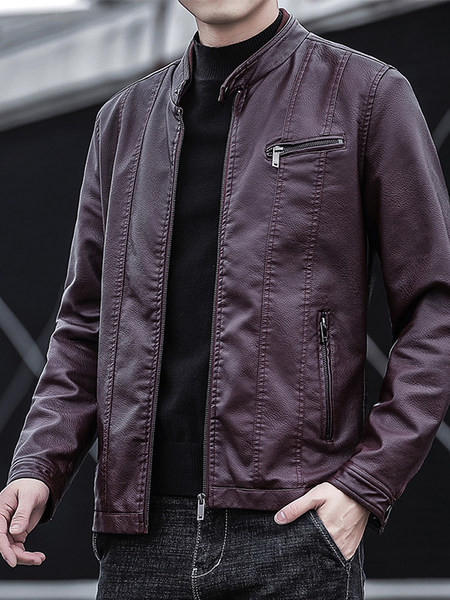 Férfi bőrdzseki alacsony gallérral és cipzárral