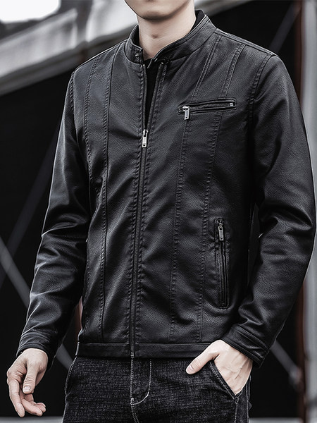 Férfi bőrdzseki alacsony gallérral és cipzárral