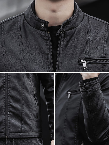 Férfi bőrdzseki alacsony gallérral és cipzárral