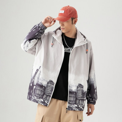 Kevadine mustri ja kapuutsiga meeste jope